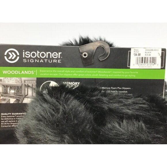 Isotoner Woodlands Slippers Womens 9.5-10 XL Black Fur Lined Memory Foam Booties - Picture 7 of 10